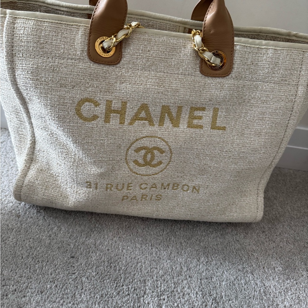 Chanel Beige Canvas Tote with Gold Details